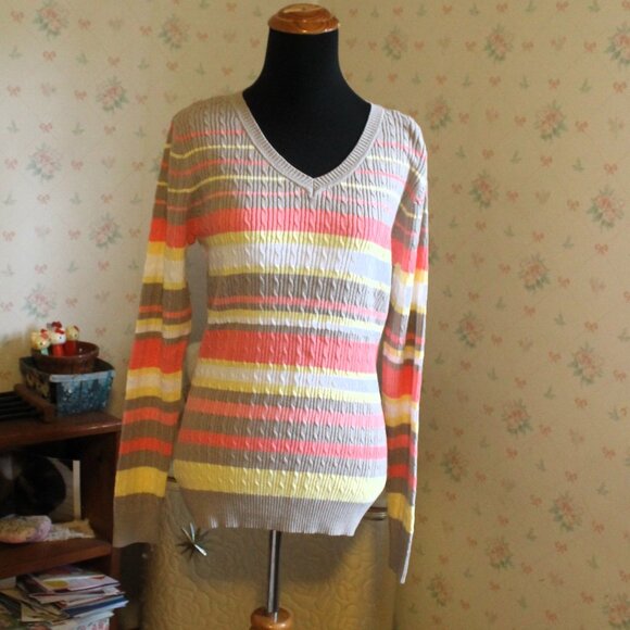 Studio Works Sweaters - Studio Works Cotton V-Neck Striped Cable Sweater, Small, NWT